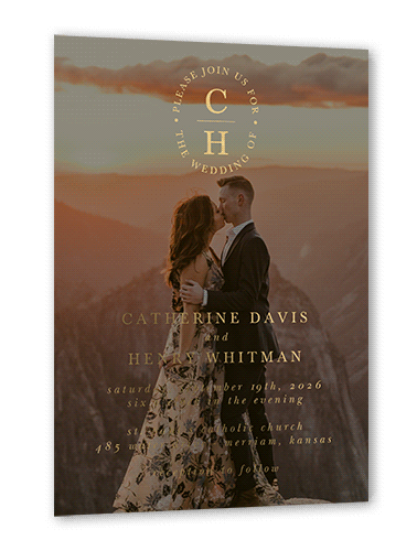 Polished Monogram Wedding Invitation, Gold Foil, Black, 5x7, Matte, Personalized Foil Cardstock, Square