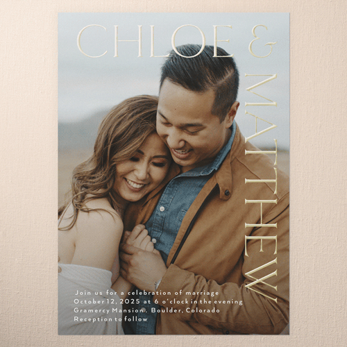 Gleaming Headline Wedding Invitation, Gold Foil, White, 5x7, Matte, Personalized Foil Cardstock, Square, White