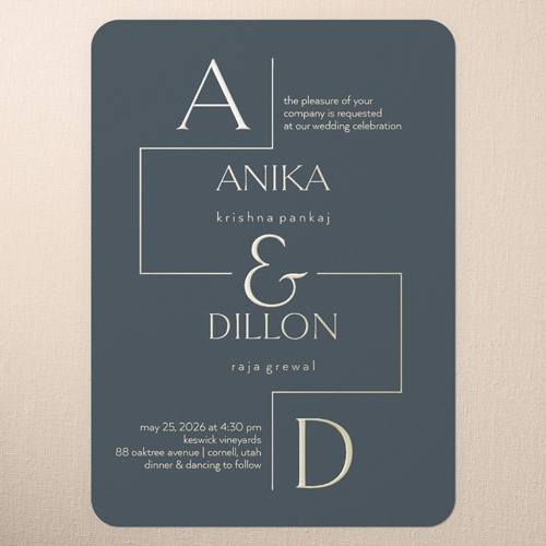 Modern Line Wedding Invitation, Gold Foil, Gray, 5x7, Matte, Personalized Foil Cardstock, Rounded