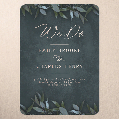 Laurel Embrace Wedding Invitation, Rose Gold Foil, Green, 5x7, Matte, Personalized Foil Cardstock, Rounded, Leafy