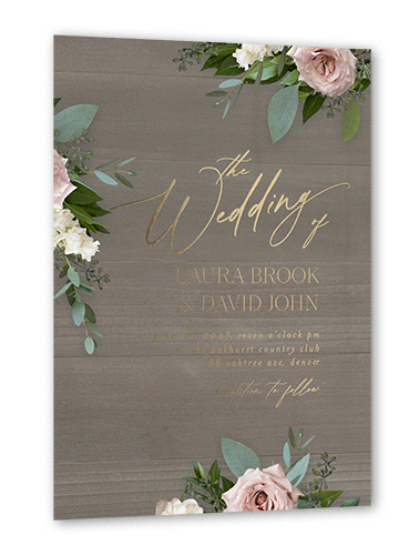 Classic Bouquet Wedding Invitation, Gold Foil, Gray, 5x7, Matte, Personalized Foil Cardstock, Square, White