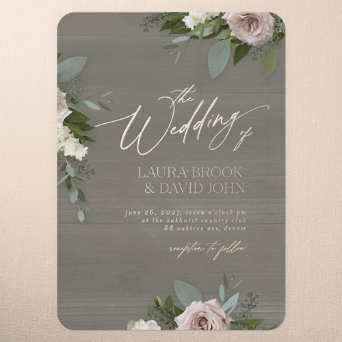 Classic Bouquet Wedding Invitation, Gray, Gold Foil, 5x7, Matte, Personalized Foil Cardstock, Rounded
