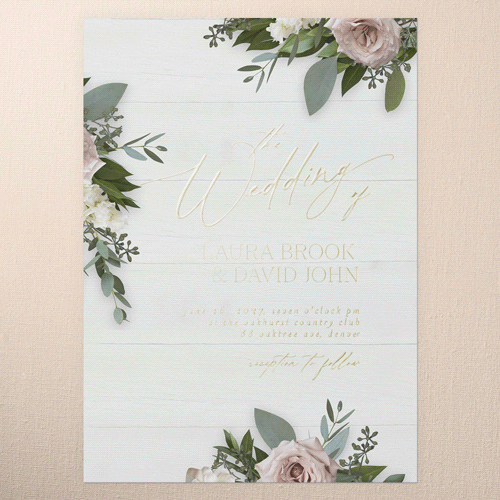 Classic Bouquet Wedding Invitation, White, Gold Foil, 5x7, Matte, Personalized Foil Cardstock, Square