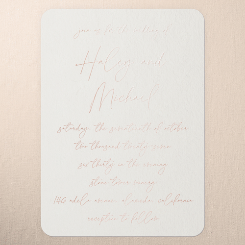 All Script Wedding Invitation, White, Rose Gold Foil, 5x7, Matte, Personalized Foil Cardstock, Rounded, Almond