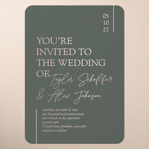 Divine Details Wedding Invitation, Rose Gold Foil, Green, 5x7, Matte, Personalized Foil Cardstock, Rounded
