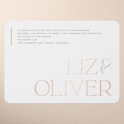 Classic Gleam Wedding Invitation, White, Rose Gold Foil, 5x7, Matte, Personalized Foil Cardstock, Rounded, White