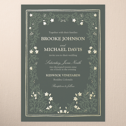 Botanical Trim Wedding Invitation, Green, Gold Foil, 5x7, Matte, Personalized Foil Cardstock, Square, Green