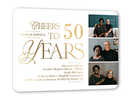 Cherished Cheers Wedding Anniversary Invitation, White, Gold Foil, 5x7, Matte, Personalized Foil Cardstock, Rounded, White