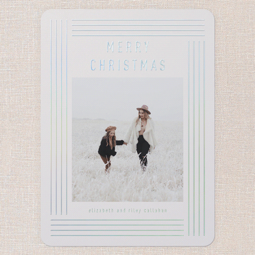 Glowing Deco Border Holiday Card, Iridescent Foil, Pink, 6x8, Christmas, Matte, Personalized Foil Cardstock, Rounded