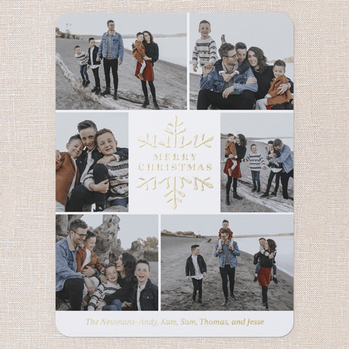 Snowy Shimmer Holiday Card, White, Gold Foil, 6x8, Christmas, Matte, Personalized Foil Cardstock, Rounded, White