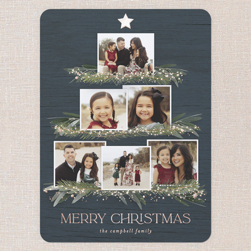 Together Tree Holiday Card, Blue, Rose Gold Foil, 6x8, Christmas, Matte, Personalized Foil Cardstock, Rounded, Blue