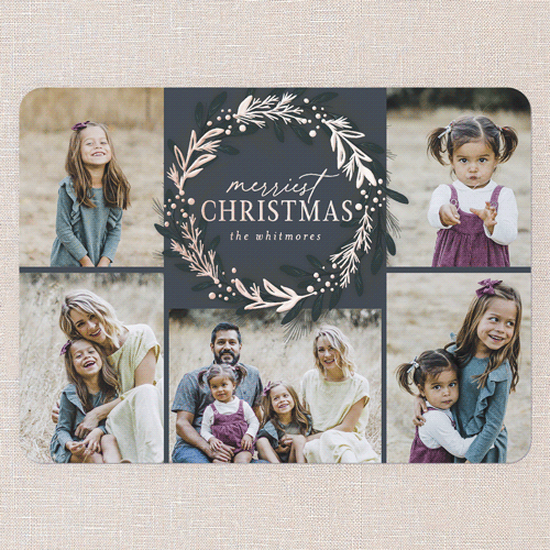 Foil Delight Wreath Holiday Card, Blue, Rose Gold Foil, 6x8, Christmas, Matte, Personalized Foil Cardstock, Rounded, Neptune