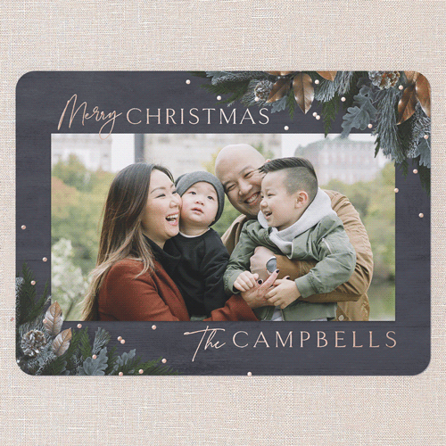 Mixed Metallic Marvel Holiday Card, Rose Gold Foil, Grey, 6x8, Christmas, Matte, Personalized Foil Cardstock, Rounded, Burnt Ash