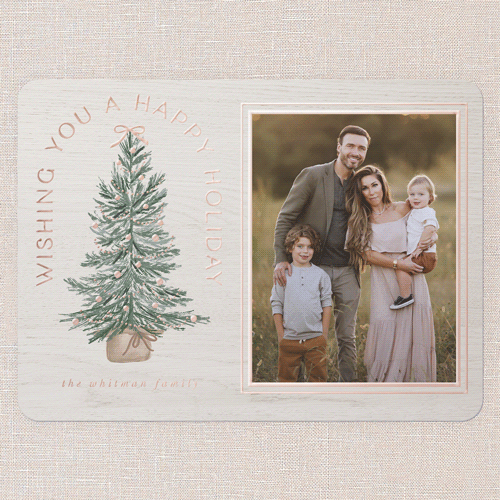 Small Sapling Holiday Card, White, Rose Gold Foil, 6x8, Holiday, Matte, Personalized Foil Cardstock, Rounded, White