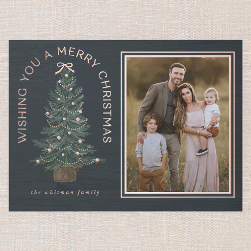 Small Sapling Holiday Card, Blue, Rose Gold Foil, 6x8, Christmas, Matte, Personalized Foil Cardstock, Square, Blue