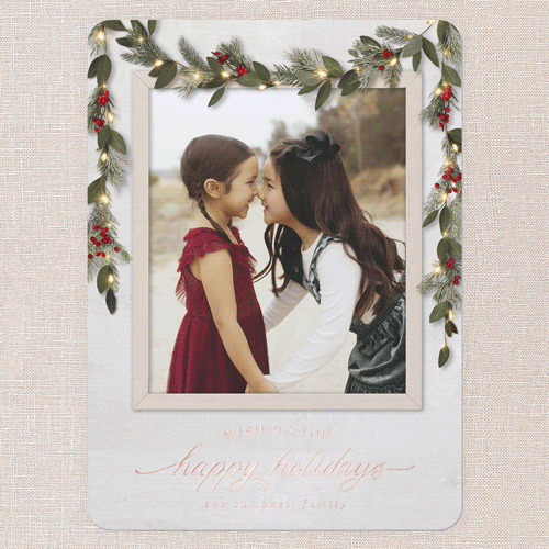 Gorgeous Frosty Garland Holiday Card, White, Rose Gold Foil, 6x8, Holiday, Matte, Personalized Foil Cardstock, Rounded, White