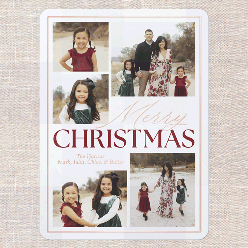 Classic Yuletide Holiday Card, White, Rose Gold Foil, 6x8, Christmas, Matte, Personalized Foil Cardstock, Rounded, White