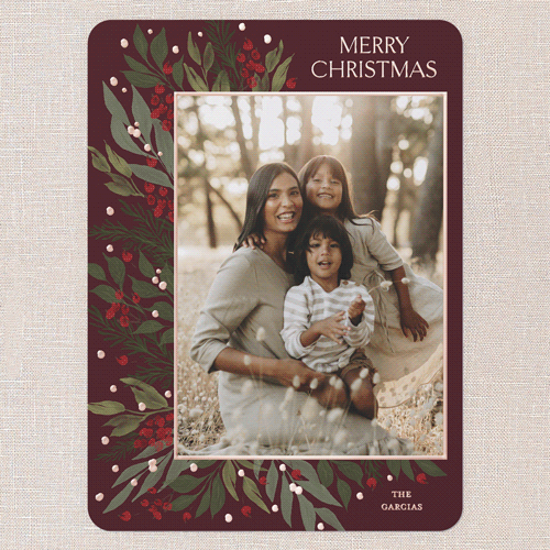 Traditional Berries Holiday Card, Red, Rose Gold Foil, 6x8, Christmas, Matte, Personalized Foil Cardstock, Rounded, Red