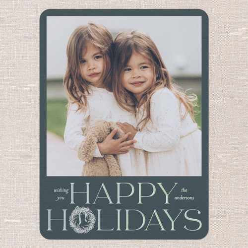 Wreath Wanderlust Holiday Card, Blue, Iridescent Foil, 6x8, Holiday, Matte, Personalized Foil Cardstock, Rounded, Blue