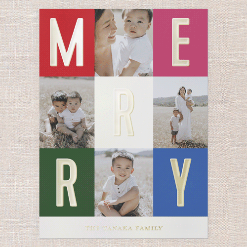 Modern Colorblock Merriment Christmas Card, Gold Foil, Blue, 6x8, Christmas, Matte, Personalized Foil Cardstock, Square, Blue