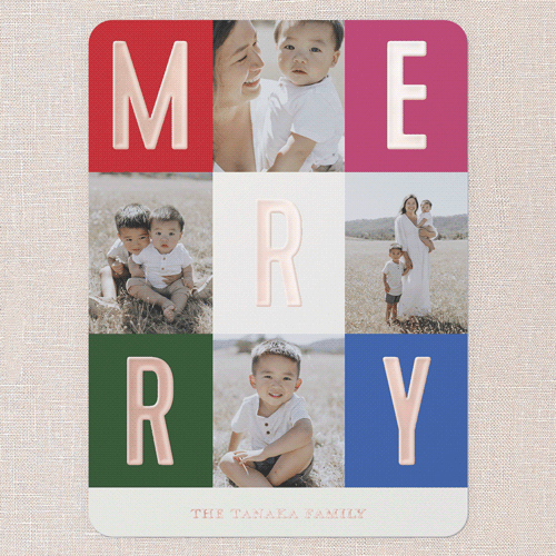 Modern Colorblock Merriment Christmas Card, Rose Gold Foil, Blue, 6x8, Christmas, Matte, Personalized Foil Cardstock, Rounded