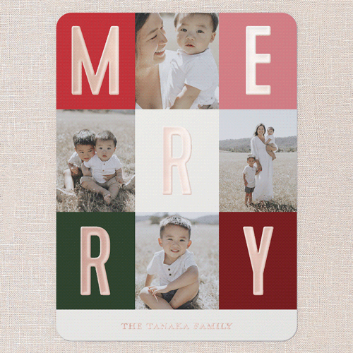 Modern Colorblock Merriment Christmas Card, Rose Gold Foil, Red, 6x8, Christmas, Matte, Personalized Foil Cardstock, Rounded, Red