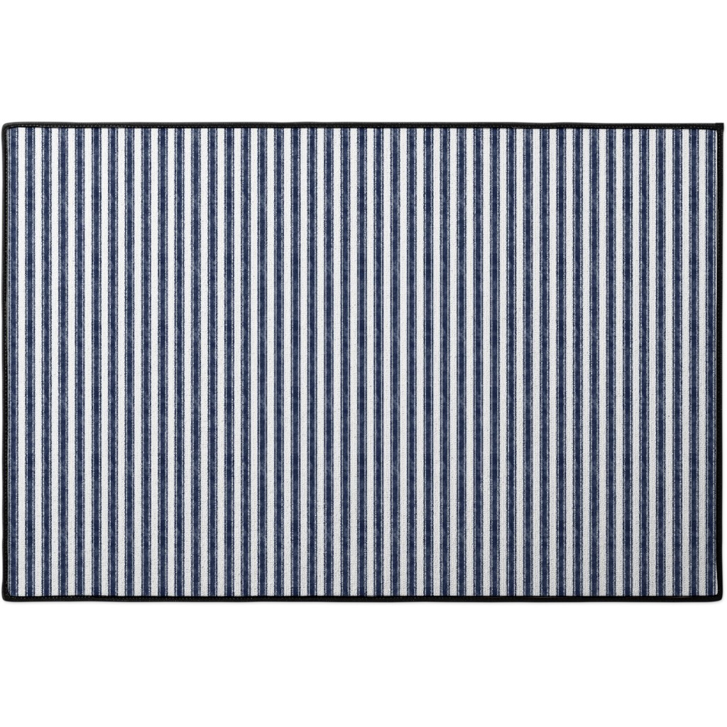 Vertical French Ticking Textured Pinstripes in Dark Midnight Navy and White Door Mat, Blue