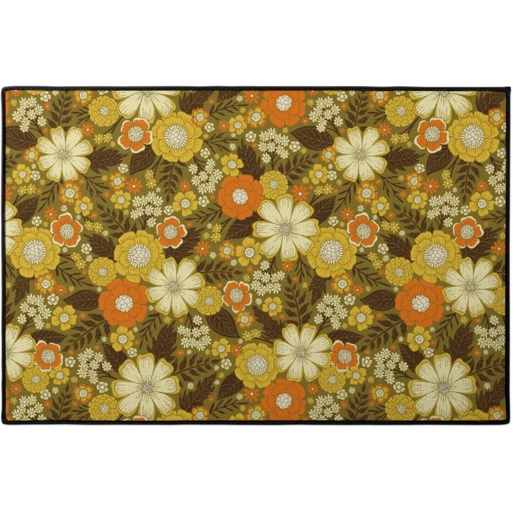 1970s Retro/Vintage Floral - Yellow and Brown Door Mat, Yellow