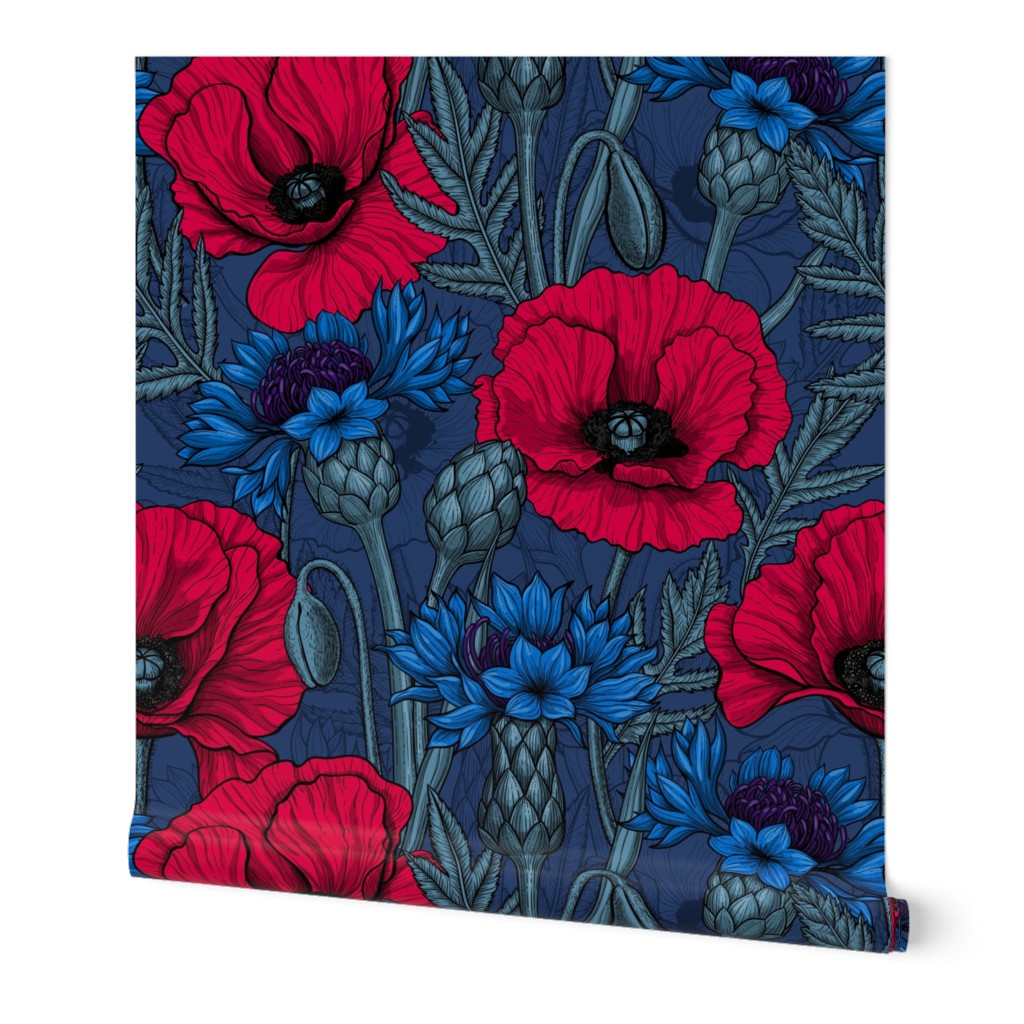 Poppies and Cornflowers - Blue and Red Wallpaper, 2'x9', Prepasted Removable Smooth, Blue