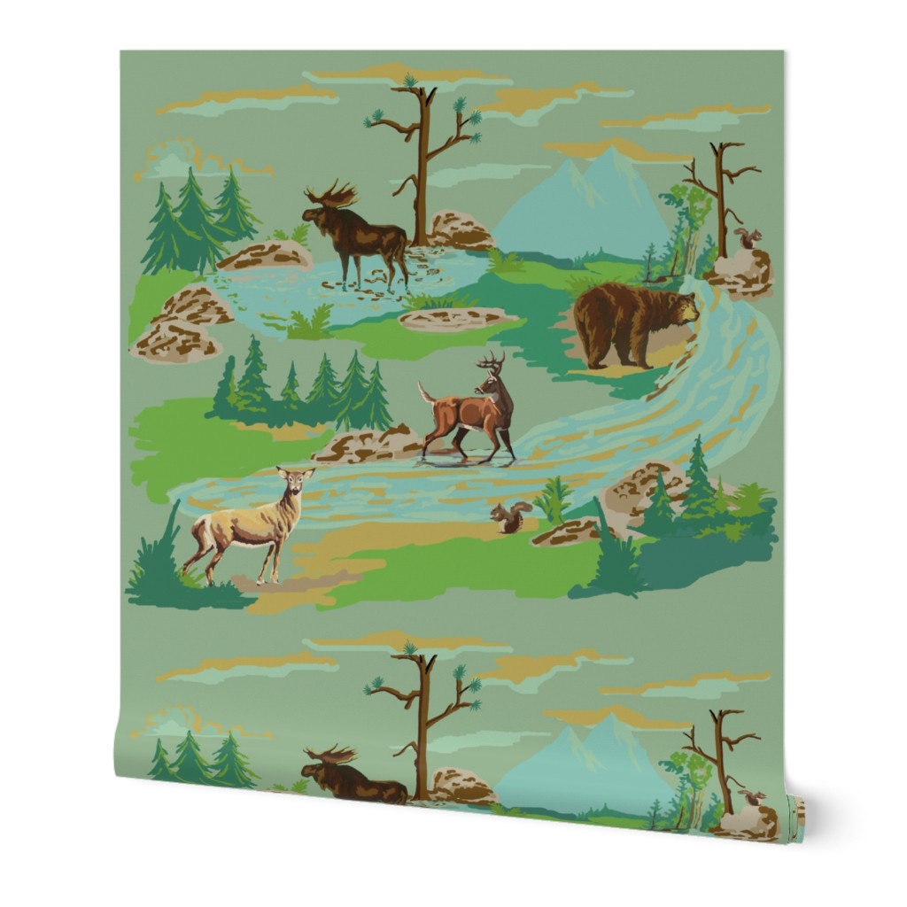 Painted Woodland Animals - Green Wallpaper, 2'x12', Prepasted Removable Smooth, Green