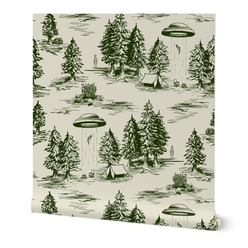 Alien Abduction - Forest Green and Cream Wallpaper, 2'x9', Prepasted Removable Smooth, Green