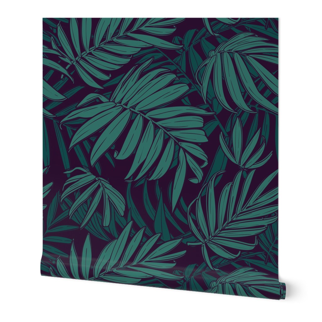 Tropical Chamaedorea Leaves - Dark Wallpaper, 2'x9', Prepasted Removable Smooth, Green