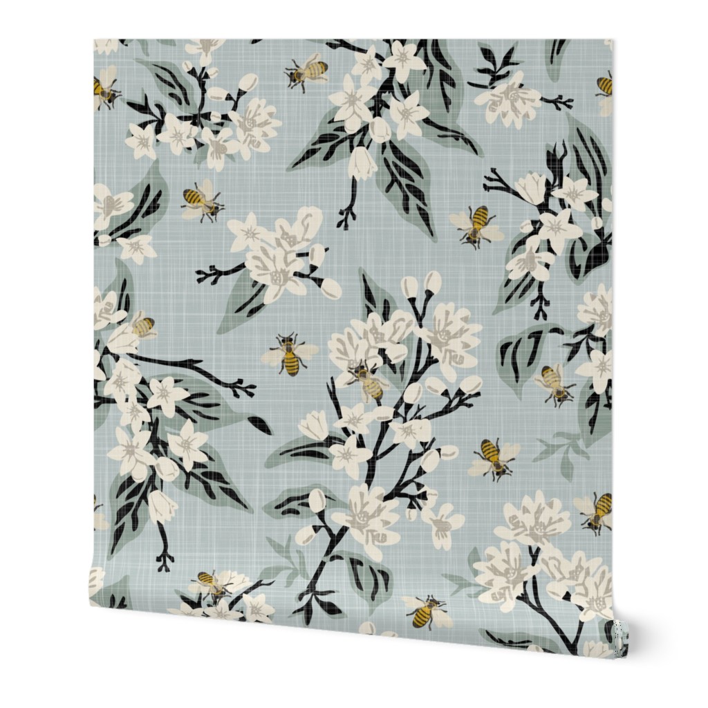 Flowers & Bees Wallpaper, 2'x3', Prepasted Removable Smooth, Blue