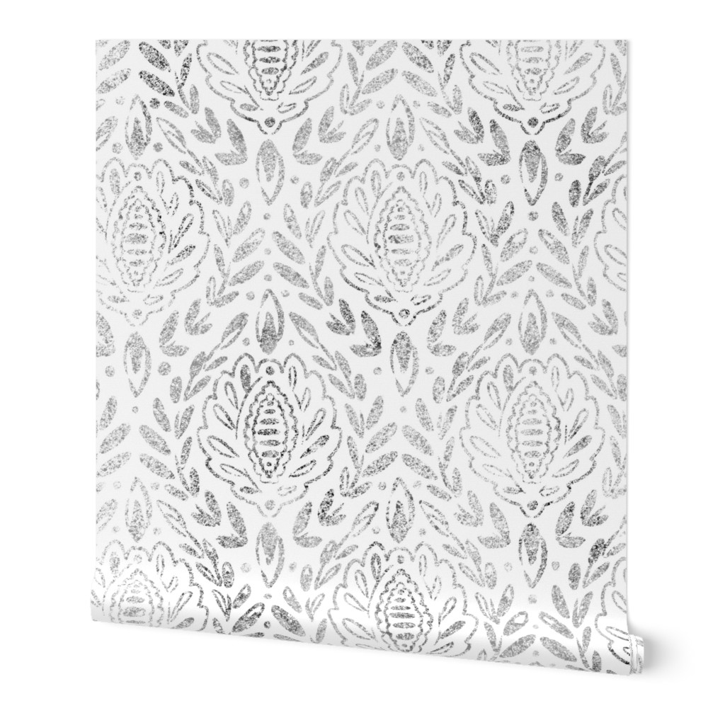 Distressed Damask Leaves - Grey Wallpaper, 2'x3', Prepasted Removable Smooth, Gray
