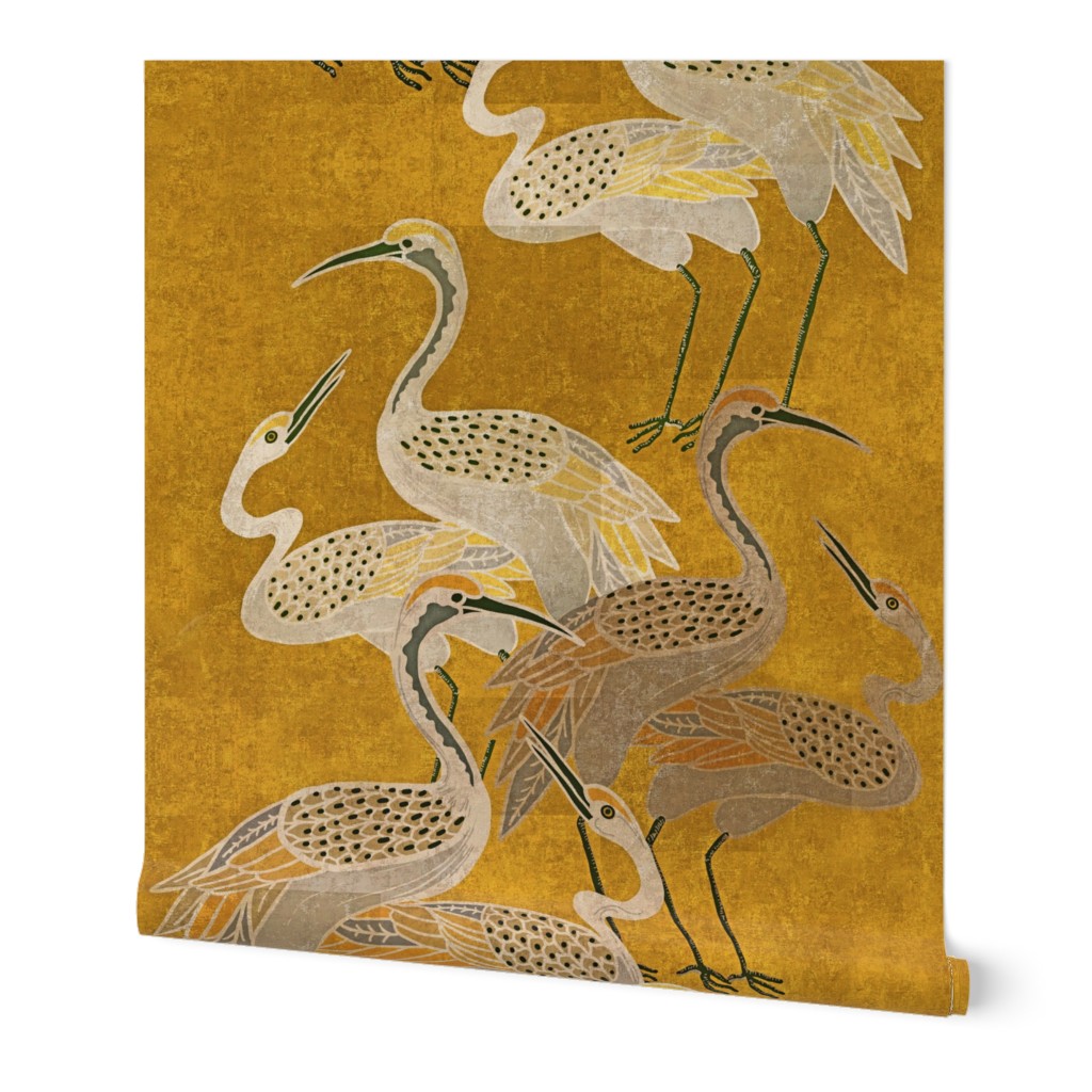 Deco Cranes - Golden Hour Wallpaper, 2'x12', Prepasted Removable Smooth, Yellow