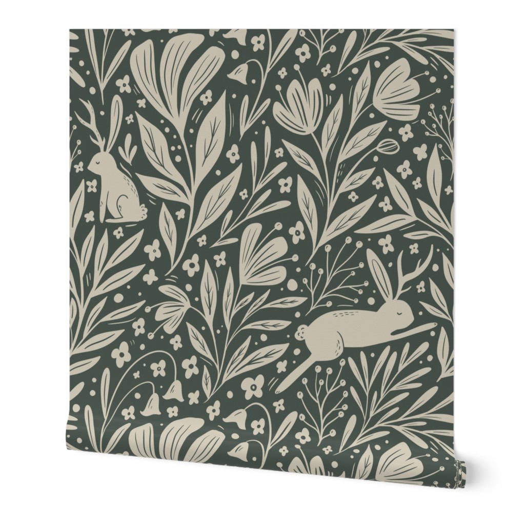 Jackalopes in the Flowers - Green Wallpaper, 2'x3', Prepasted Removable Smooth, Green