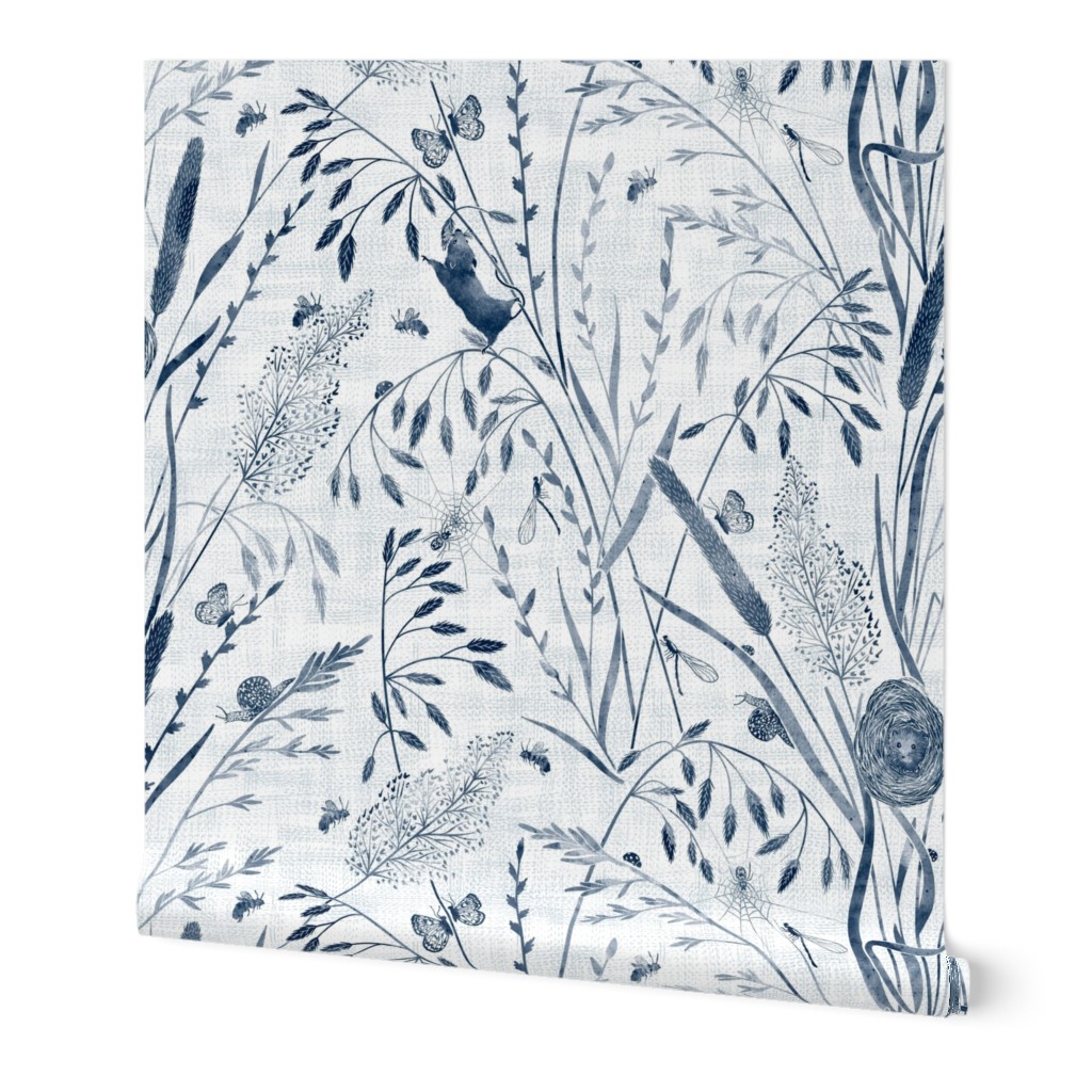 Wild Grasses and Its Habitants - Blue Wallpaper, 2'x9', Prepasted Removable Smooth, Blue