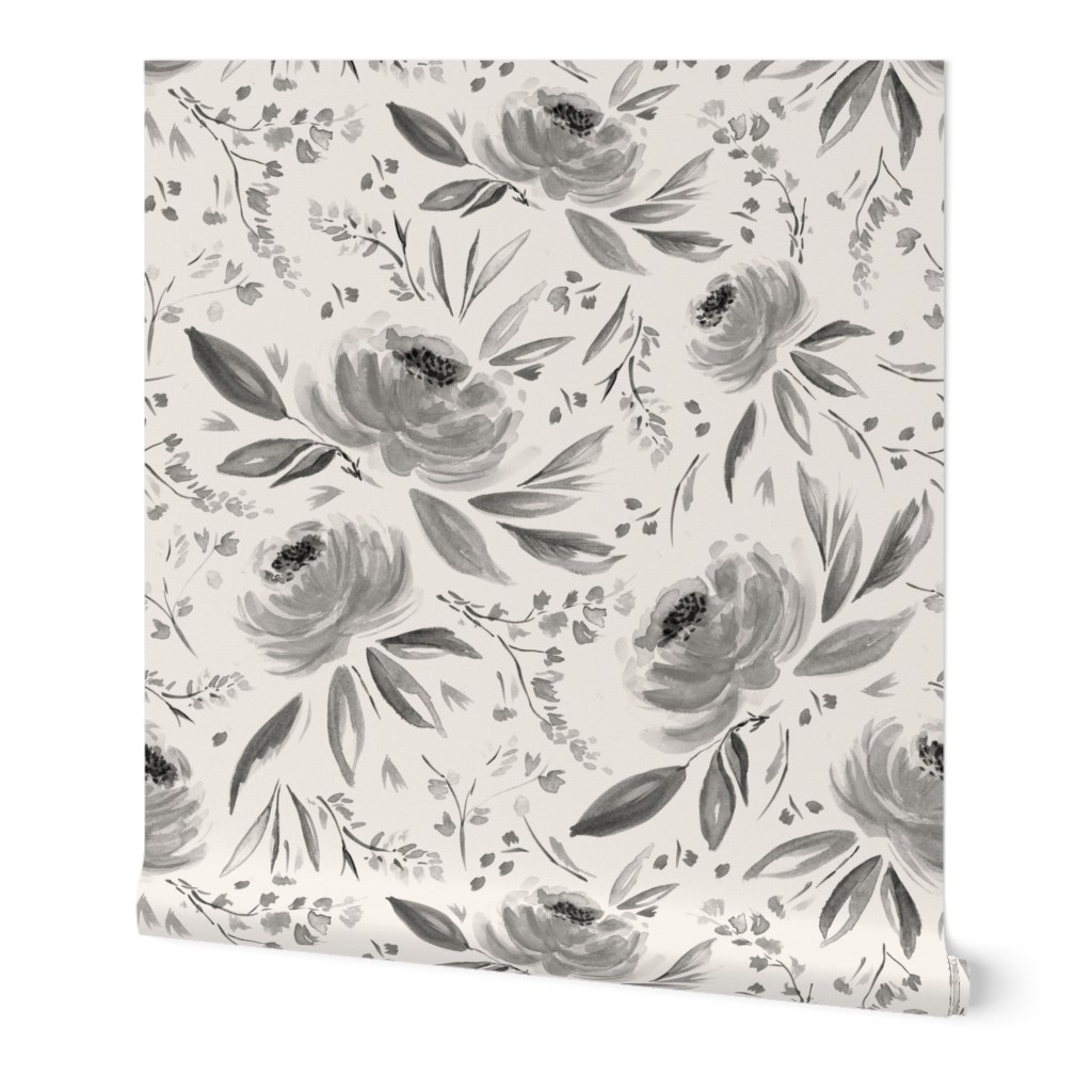 Florence Floral - Gray Wallpaper, 2'x3', Prepasted Removable Smooth, Gray