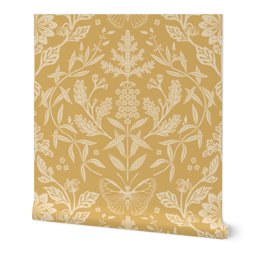 Damask Damask - Ochre Wallpaper, Test Swatch (2' x 1'), Prepasted Removable Smooth, Yellow