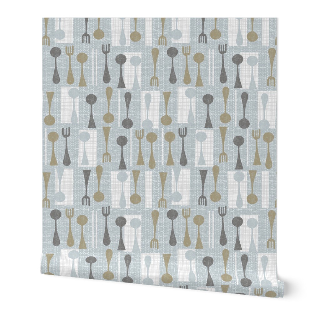 Mid Mod Cutlery and Napkins - Neutral Wallpaper, 2'x12', Prepasted Removable Smooth, Blue