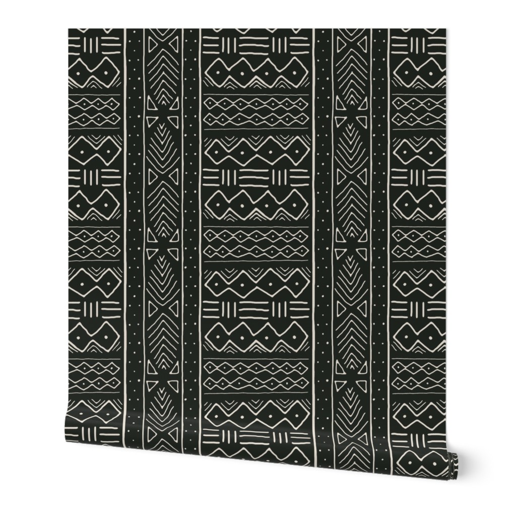 Mudcloth - Cream on Black Wallpaper, 2'x3', Prepasted Removable Smooth, Black