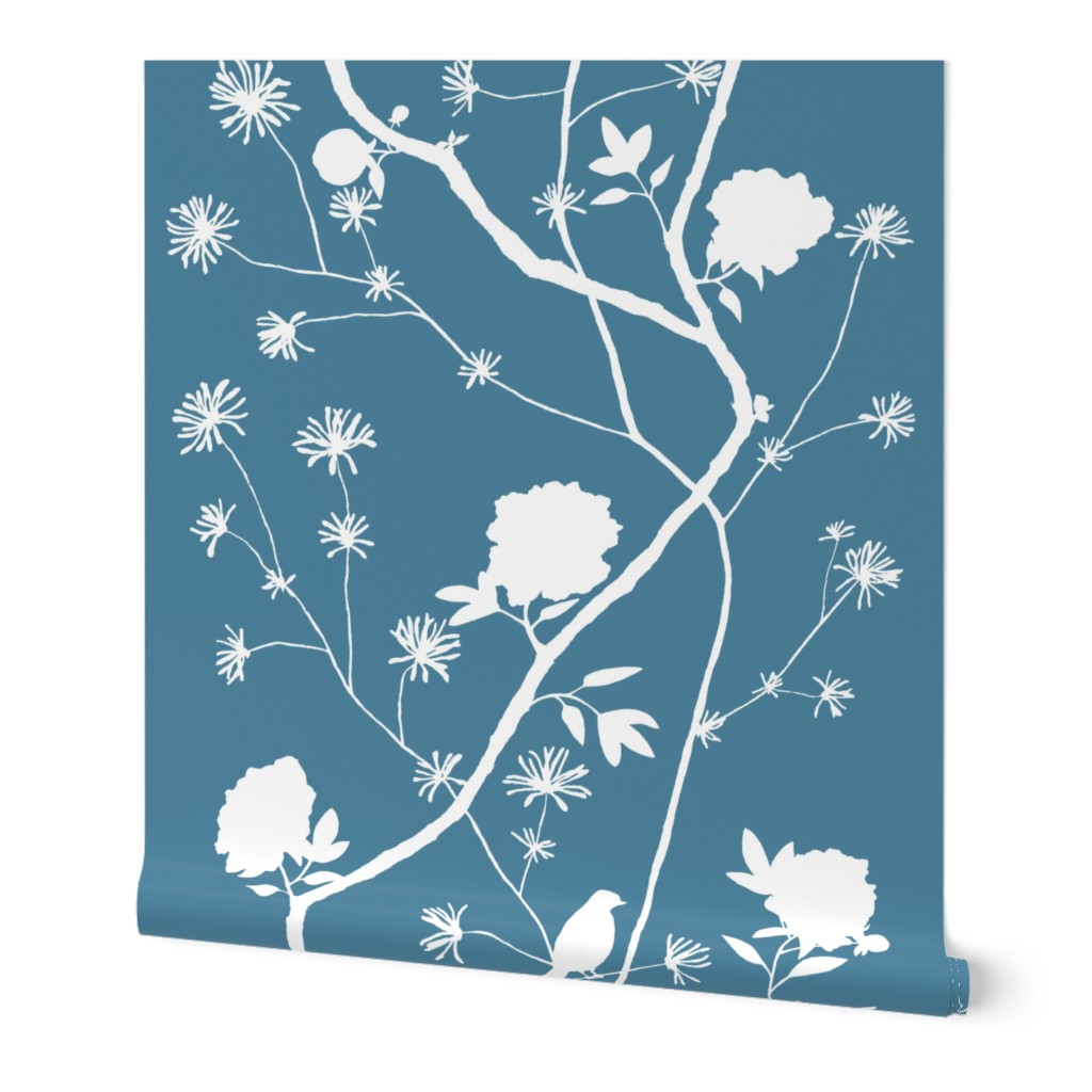 Simple Peony - Blue Wallpaper, 2'x12', Prepasted Removable Smooth, Blue