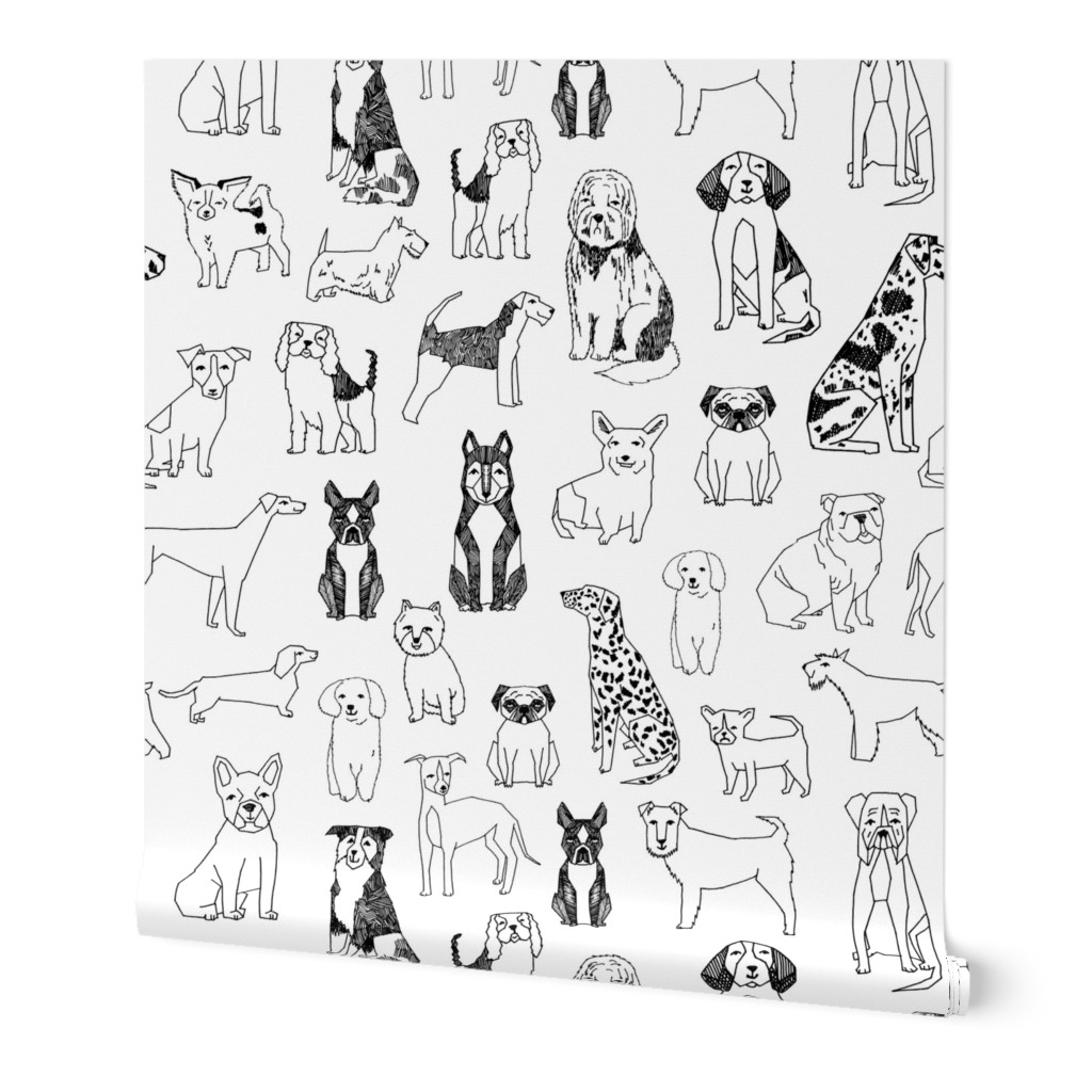 Hand Drawn Dogs Illustration - Black and White Wallpaper, 2'x12', Prepasted Removable Smooth, White