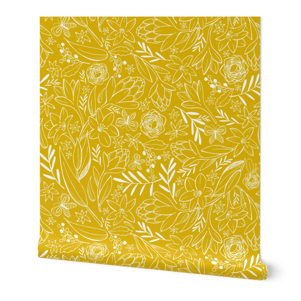 Botanical Floral Sketchbook - Yellow Wallpaper, 2'x9', Prepasted Removable Smooth, Yellow