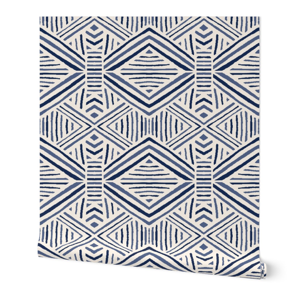 Tribal Geometric - Navy Wallpaper, 2'x9', Prepasted Removable Smooth, Blue