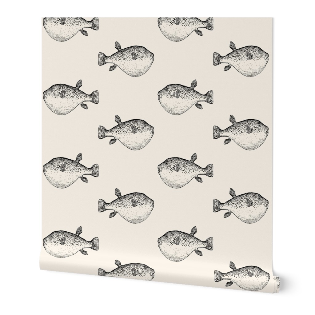 Puffer Blowfish - Black on Cream Wallpaper, 2'x12', Prepasted Removable Smooth, Beige