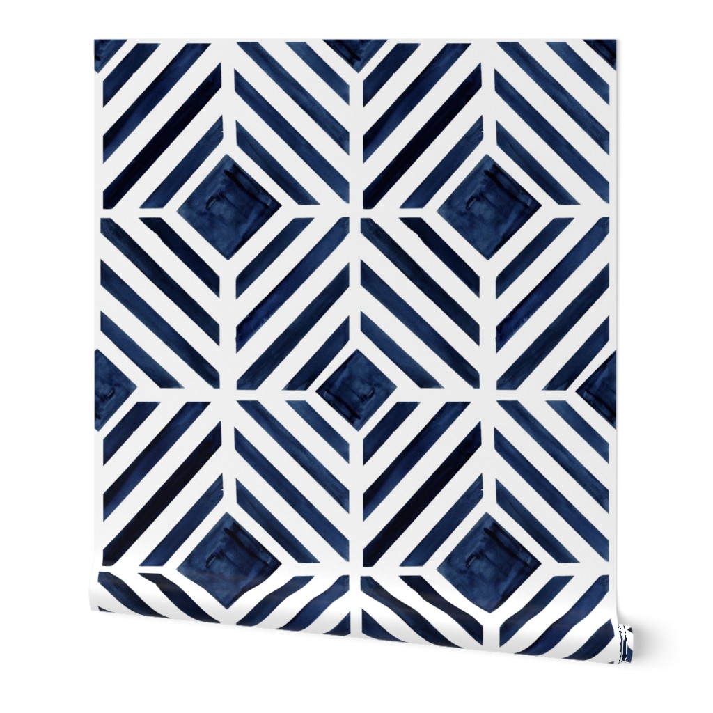 Geo Stripe - Indigo Wallpaper, 2'x3', Prepasted Removable Smooth, Blue