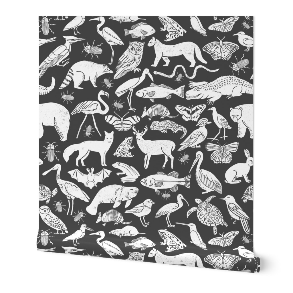 Linocut Animals - Charcoal Wallpaper, 2'x9', Prepasted Removable Smooth, Gray