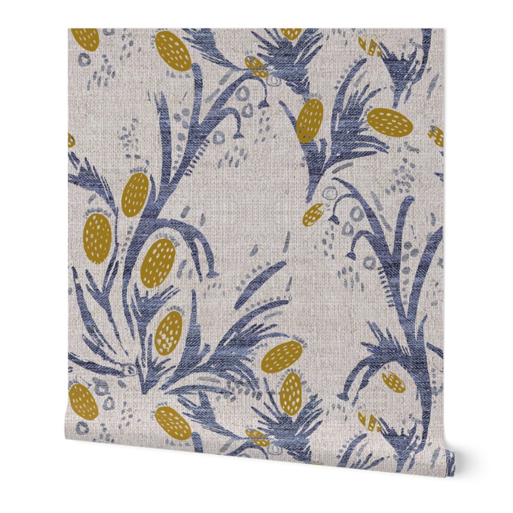 French Linen Thistle - Blue Wallpaper, 2'x12', Prepasted Removable Smooth, Blue