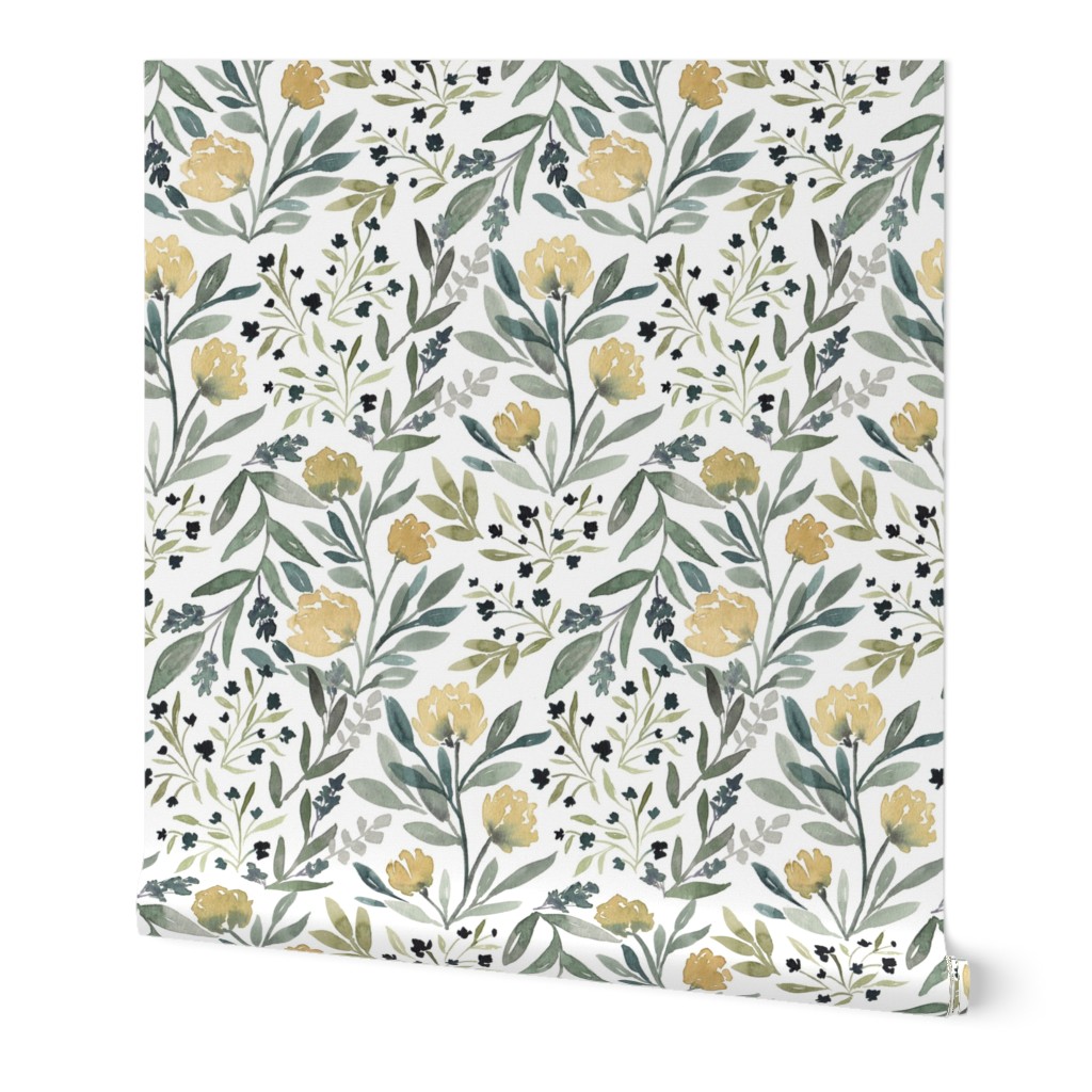 Floral Fields - Yellow Wallpaper, 2'x3', Prepasted Removable Smooth, Multicolor